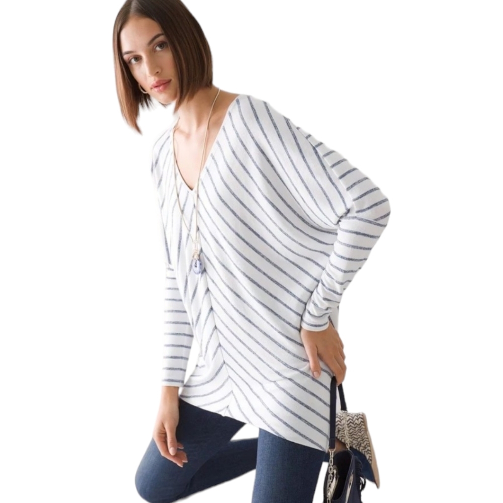 White House Black Market White and Blue Striped Tunic